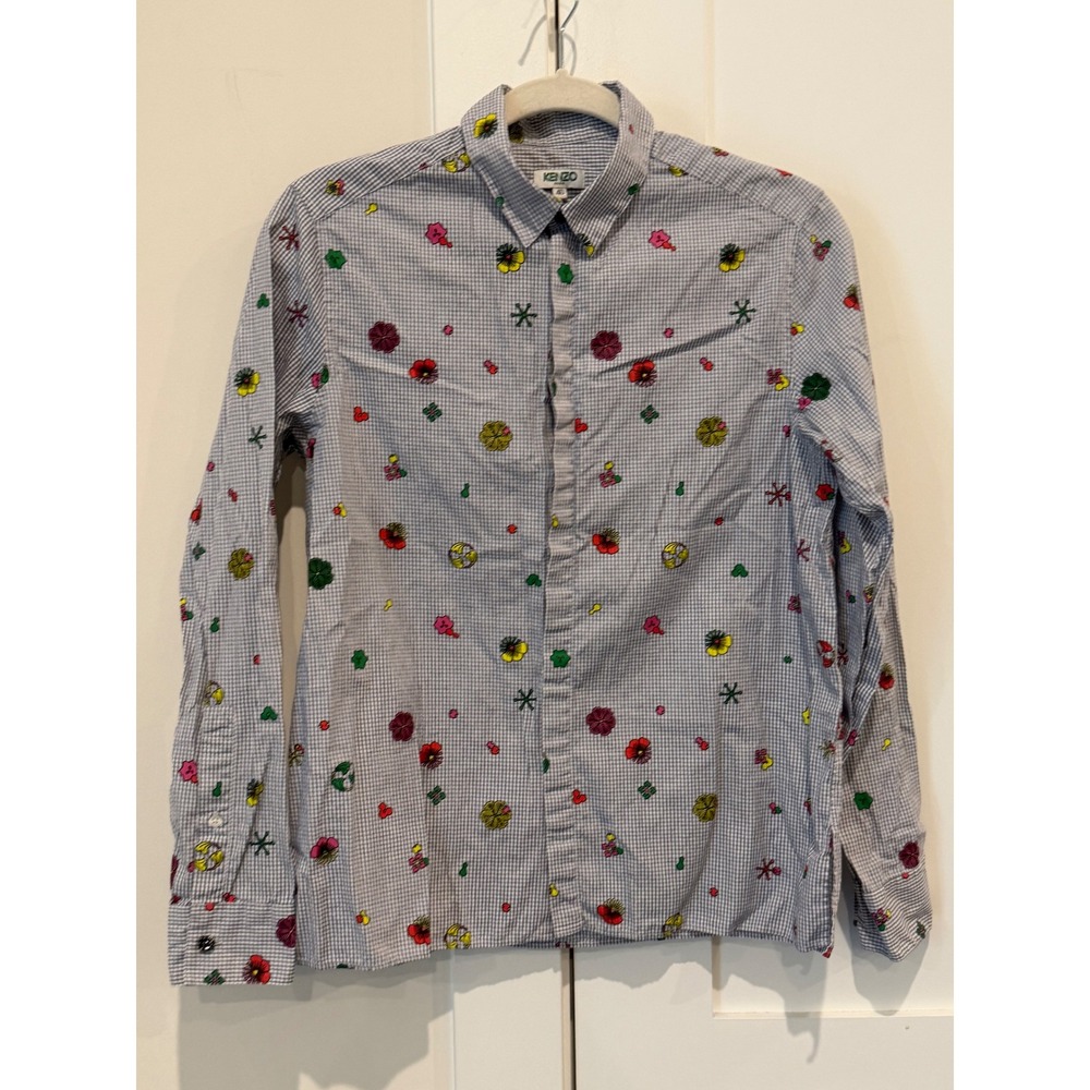 Kenzo Button Down Geometric Floral Womens Size 6 Blue EUC Designer Pop Art